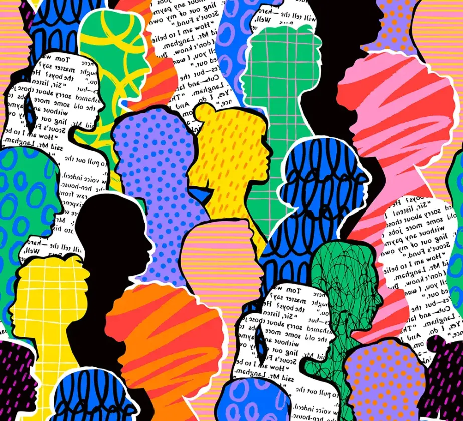 Bunte Collage mit überlappenden menschlichen Silhouetten mit verschiedenen Mustern, darunter Tupfen, Streifen, Gitter, Schnörkel und Abschnitte mit gedrucktem Text auf weißem Hintergrund.