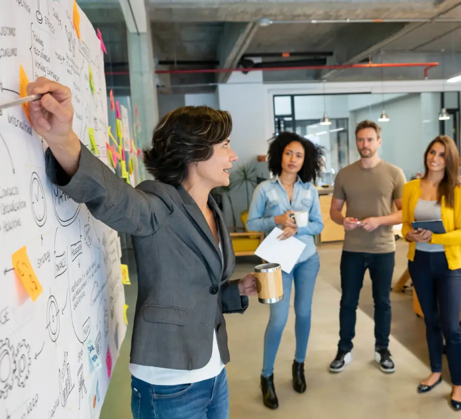 Eine Frau leitet eine agile Moderationssitzung und zeigt dabei auf ein Whiteboard voller Diagramme und Haftnotizen, während drei Kollegen in der Nähe stehen und in einer modernen Büroumgebung aufmerksam zuhören.