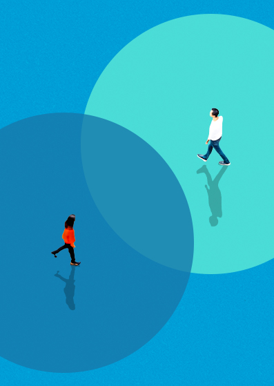 Eine Illustration von zwei Personen, die in entgegengesetzte Richtungen auf blauem Hintergrund gehen, jede in überlappenden Kreisen in unterschiedlichen Blautönen. Ihre Schatten sind auf dem Boden sichtbar.