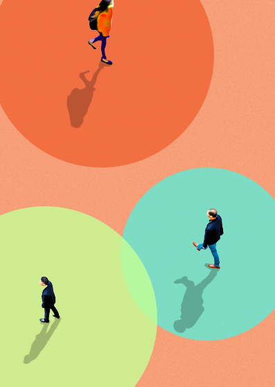 Drei Personen laufen getrennt in sich überlappenden farbigen Kreisen – orange, grün und blaugrün – auf einem strukturierten Hintergrund. Ihre Schatten fallen hinter sie und betonen so ihre Distanz und Trennung.