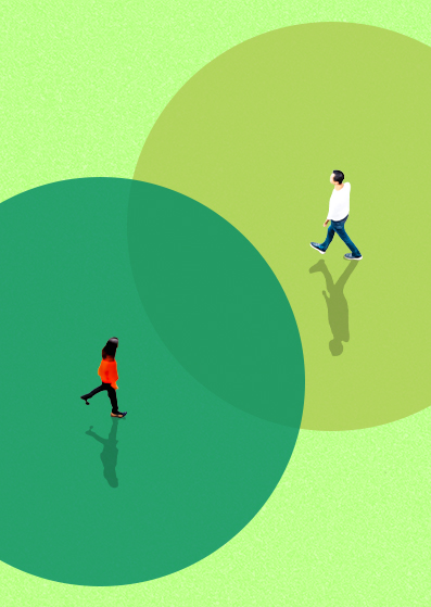 Illustration of a man and a woman walking apart on a green background with two overlapping circles, each person walking within their own circle, with shadows cast beneath them.