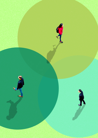 Three people walk apart on a green background, each within their own overlapping colored circles, illustrating social distancing or personal space. Their long shadows extend behind them.