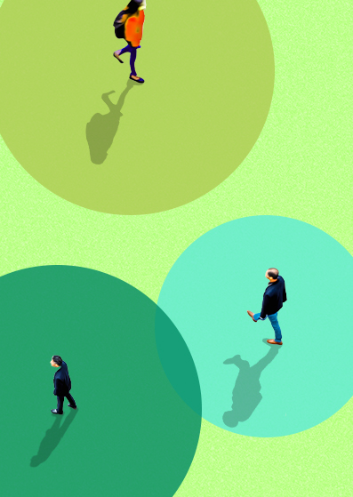 Three people, each walking alone within separate overlapping colored circles on a green background, casting long shadows. The circles are yellow-green, teal, and dark green.
