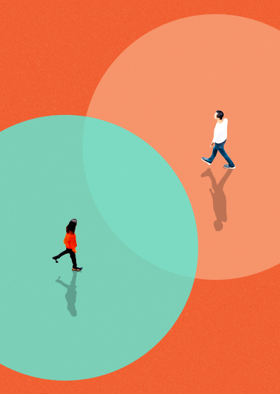 Illustration einer Frau und eines Mannes, die in entgegengesetzte Richtungen gehen, jeweils in einem unterschiedlich farbigen Kreis, der sich teilweise überlappt. Der Hintergrund ist orange, und ihre Schatten sind darunter sichtbar.