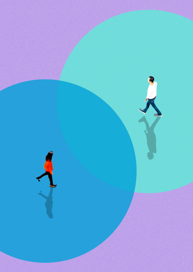 A man and a woman walk in opposite directions, each inside a different colored circle that overlap slightly, on a purple background. Their shadows are visible on the circles beneath them.