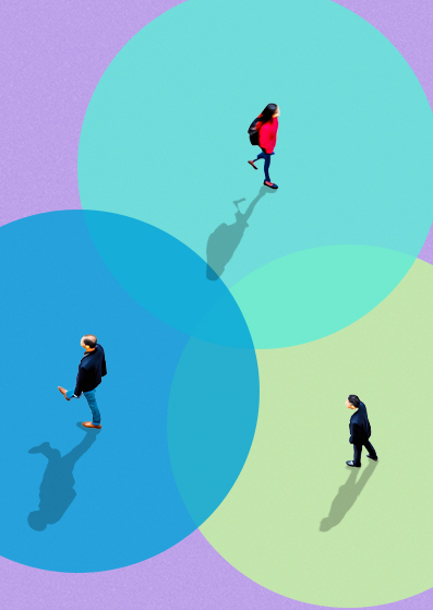 Three people walk in different directions on a purple surface, each within a separate overlapping circle of blue, green, and teal, with their shadows cast behind them.