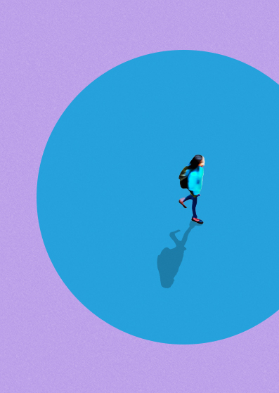 A person walks within a large blue circle set against a purple background. The individual casts a long shadow and wears a blue top, dark pants, and carries a backpack, creating a minimalist, graphic composition.