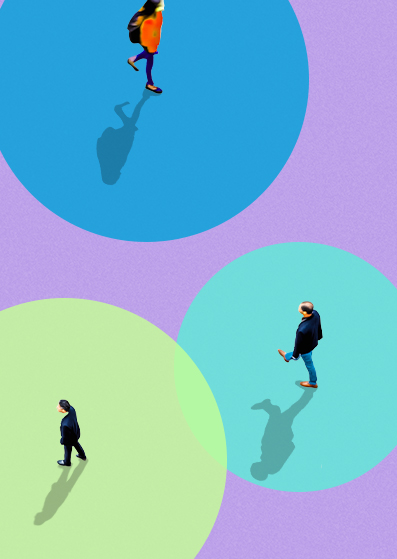A stylized image of three people walking separately on colored circular backgrounds—blue, green, and teal—set against a purple backdrop, each person casting a distinct shadow.