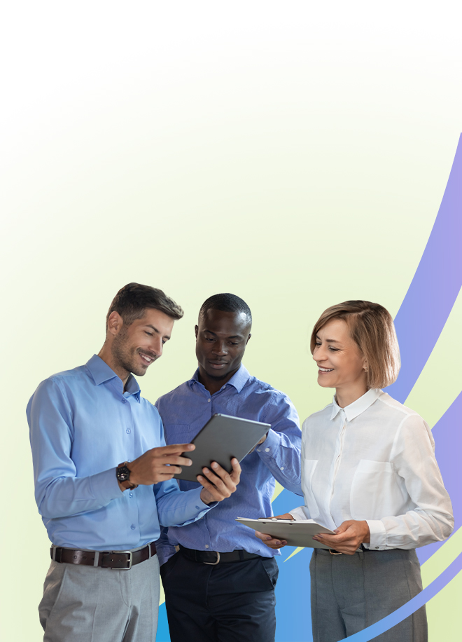 Three professionals, two men and one woman, stand together smiling and discussing something on a tablet. The background is a light gradient with blue and green curved lines.