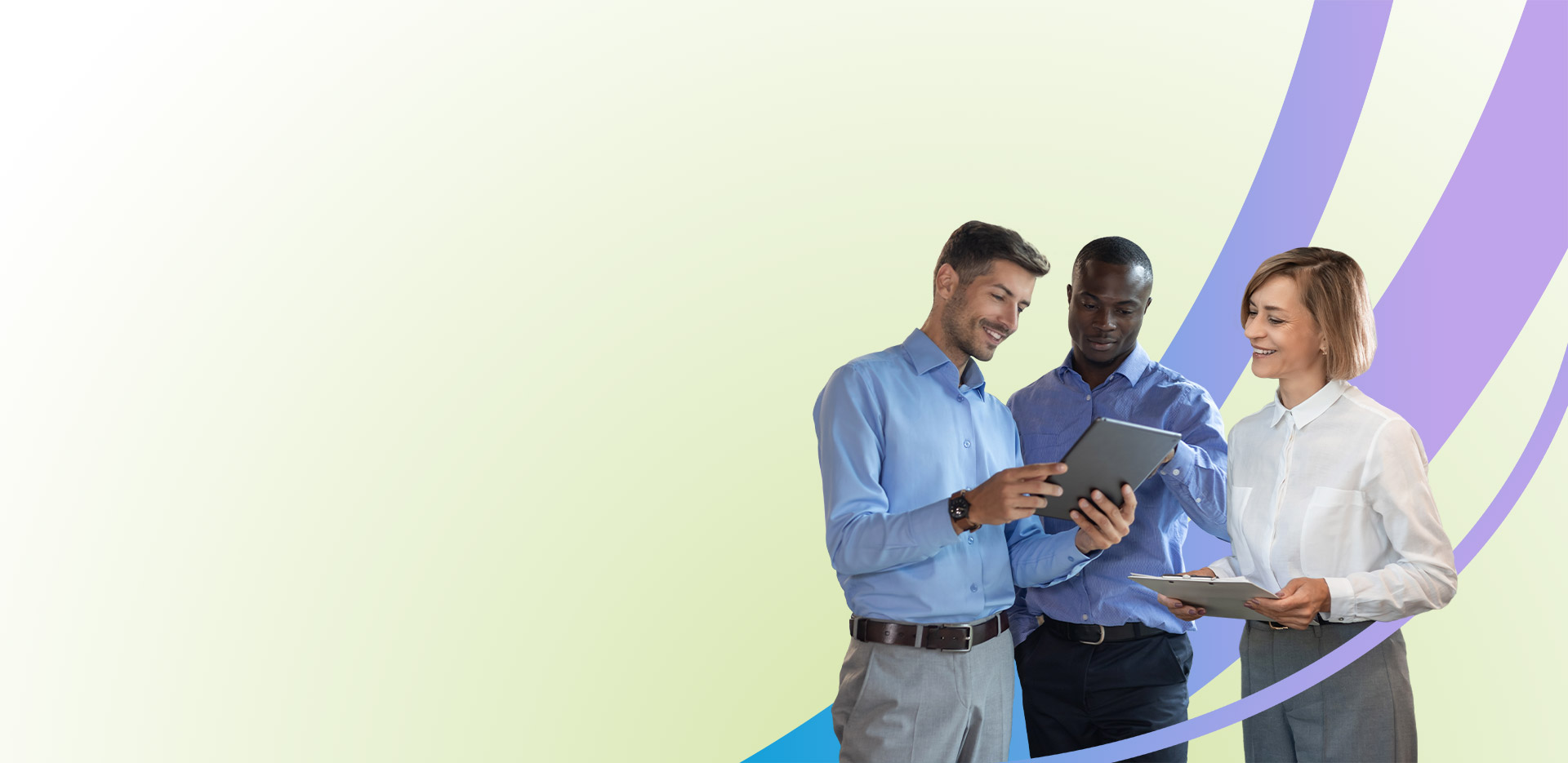 Three professionals stand together smiling and looking at digital tablets against a light gradient background with curved blue and purple lines on the right side. The left side of the image is mostly empty.
