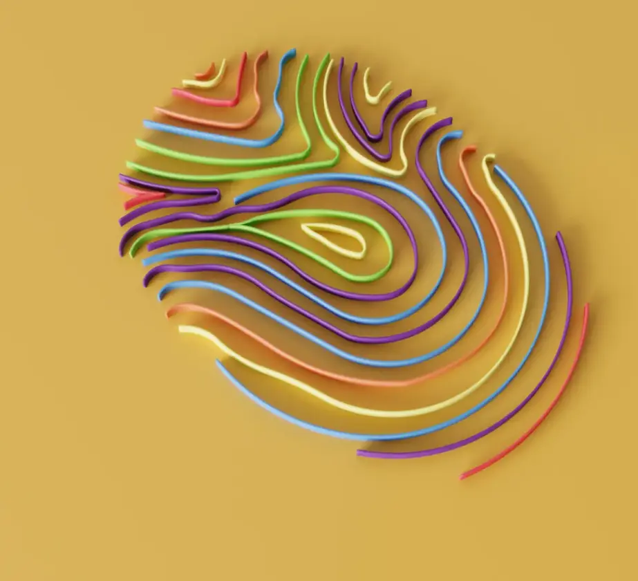 A stylized fingerprint made of colorful, curving lines in red, orange, yellow, green, blue, and purple on a solid yellow background.