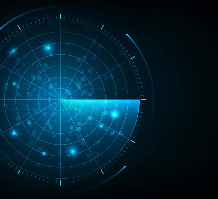 Digitaler Radarbildschirm mit blauem kreisförmigem Gitter, leuchtenden Punkten und schwingendem Lichtstrahl auf dunklem Hintergrund, der visualisiert, wie Lernangebote in einer dynamischen Scan- oder Tracking-Schnittstelle kommunizieren.