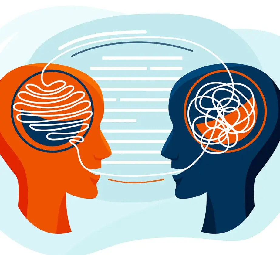 Eine Illustration zweier sich gegenüberstehender menschlicher Profile, eines orange und eines blau, mit abstrakten Linien in ihren Köpfen, die Gedanken darstellen. Gebogene Linien verbinden ihre Münder und symbolisieren Kommunikation oder den Austausch in schwierigen Gesprächen.