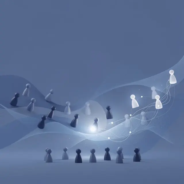 Eine Gruppe schwarz-weißer Spielfiguren steht auf einer blauen Fläche, während andere auf wellenförmigen Linien darüber schweben und durch leuchtende Linien und Punkte miteinander verbunden sind, was an Vernetzung oder Kommunikation erinnert – eine ideale Bildsprache für das „Führungstraining für Führungskräfte“.