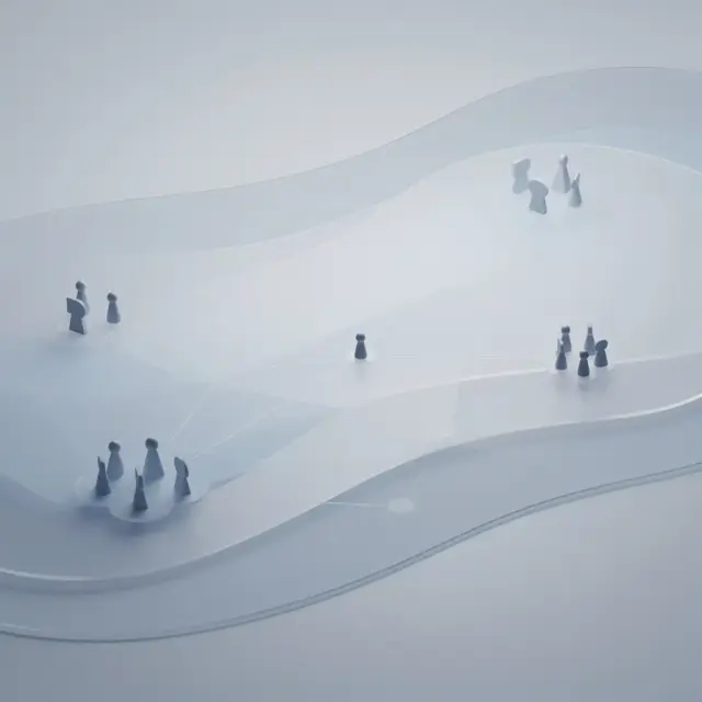 Abstraktes Bild kleiner, dunkler Figuren, die in Gruppen angeordnet oder verstreut auf einer durchscheinenden, geschichteten Oberfläche mit schwachen Verbindungslinien zu sehen sind und Themen wie soziale Netzwerke oder Isolation heraufbeschwören – ein Spiegelbild der Dynamiken, die häufig im „Führungstraining für Führungskräfte“ behandelt werden.
