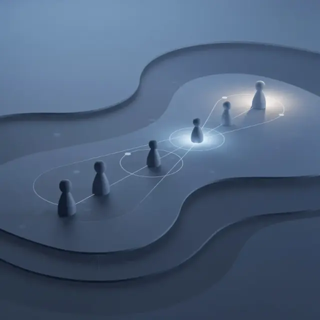 Abstraktes Bild von dunklen Spielfiguren auf mehrschichtigen, blaustichigen Flächen, die durch leuchtende Linien miteinander verbunden sind und Netzwerke oder Verbindungen symbolisieren – ideal zur Visualisierung von Konzepten wie „Führungstraining für Führungskräfte“ in einem minimalistischen, konzeptionellen Rahmen.