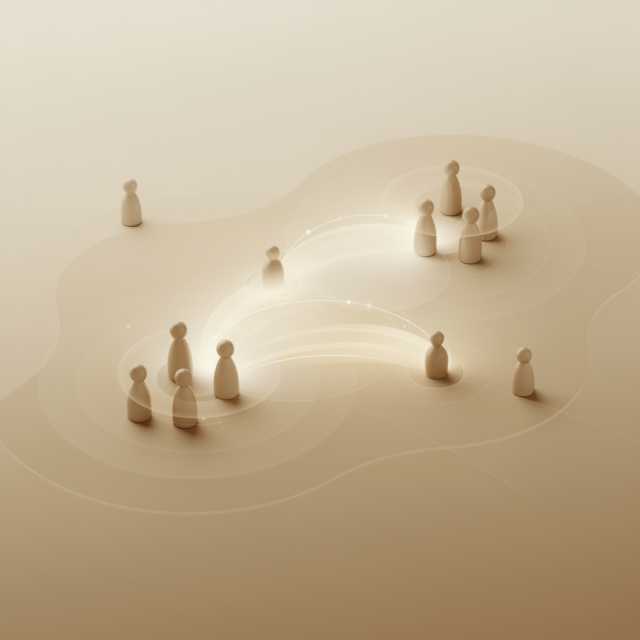 Holzfiguren, die in Gruppen auf einer sanften, beigen Fläche angeordnet und durch leuchtende Bögen miteinander verbunden sind, symbolisieren soziale Netzwerke oder miteinander verbundene Gemeinschaften – eine ideale visuelle Metapher für das „Führungstraining für Führungskräfte“, die die Bedeutung von Vernetzung und Zusammenarbeit für eine effektive Führung unterstreicht.