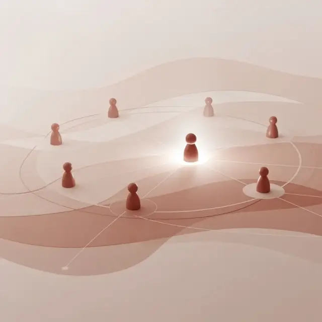 Sechs braune Spielfiguren sind auf einem beigen, abstrakten Hintergrund kreisförmig angeordnet, wobei eine zentrale Figur hervorgehoben ist und damit die Vernetzung oder die zentrale Führungsrolle in einem vernetzten System symbolisiert. Linien und Punkte verbinden die Figuren zu einem Netzwerk, das die Prinzipien des „Führungstrainings für Führungskräfte“ visuell veranschaulicht und die Bedeutung einer effektiven Führung in vernetzten Teams hervorhebt.
