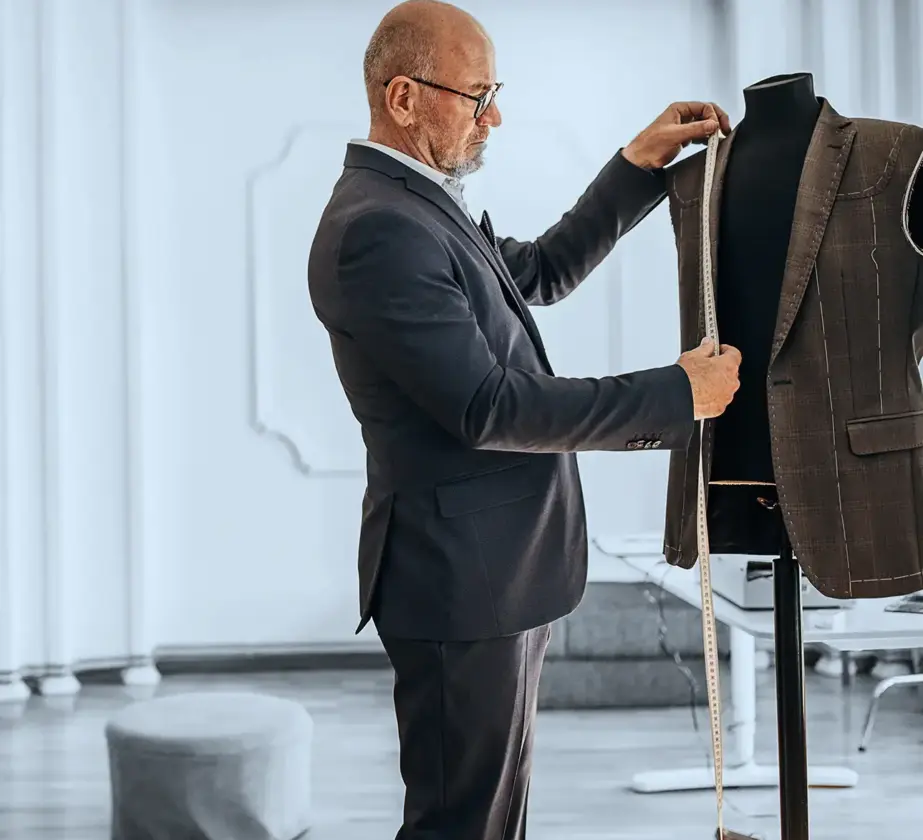 Ein Schneider im Anzug misst in einem hellen, eleganten Raum mit einem Maßband einen Blazer an einer Schaufensterpuppe – eine Umgebung, die die Präzision und Exzellenz widerspiegelt, die erfolgreiche Trainings- und Coachingprojekte auszeichnen.