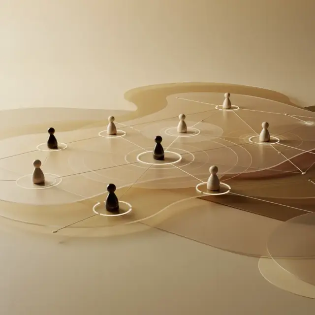Holzspielfiguren sind auf einer glatten, abstrakten Fläche mit konzentrischen Kreisen und Verbindungslinien angeordnet, die ein Netzwerk oder soziale Verbindungen symbolisieren – eine ideale visuelle Metapher für das Führungstraining für Führungskräfte. Der Hintergrund ist in sanften Beige- und Hellbrauntönen gehalten.
