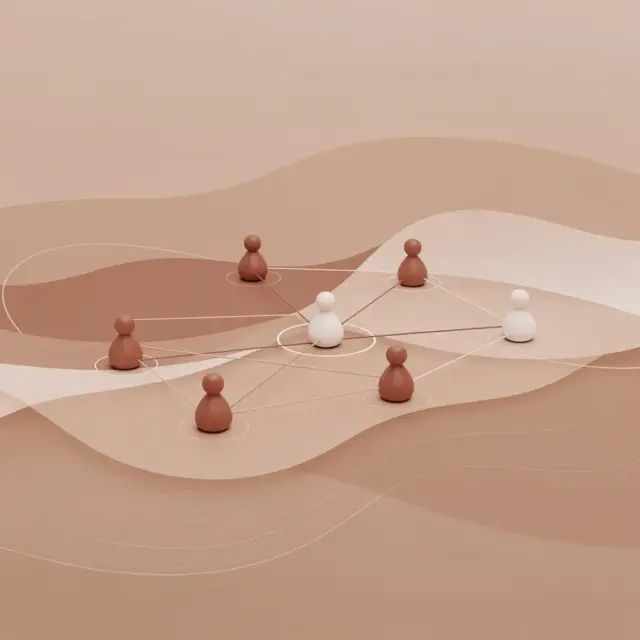 Sechs Spielfiguren – vier braune und zwei weiße – sind in einem durch Linien verbundenen Netz auf einem abstrakten, wellenförmigen Hintergrund in Beige- und Brauntönen angeordnet, was Kommunikation oder Teamarbeit symbolisiert – eine ideale visuelle Metapher für das „Führungstraining für Führungskräfte“.
