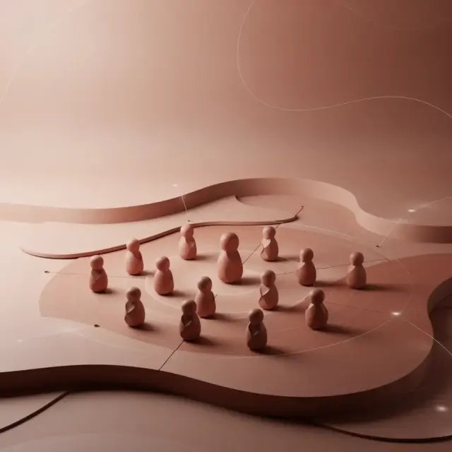 Eine Gruppe kleiner, abstrakter Holzfiguren ist kreisförmig auf einer geschichteten, wellenförmigen Oberfläche in Beige- und Rosatönen angeordnet. Dünne Linien verbinden die Figuren miteinander und lassen ein Netzwerk oder ein Gemeinschaftsgefühl erahnen – was an den Teamgeist erinnert, der oft durch das Blanchard-Führungskräftetraining gefördert wird.