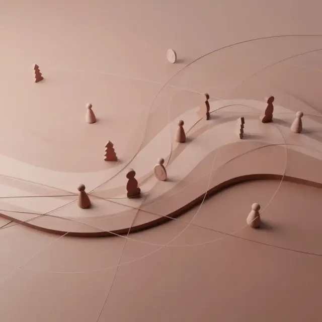 Minimalistische Szene mit Holzstiften und Bäumen auf geschwungenen, geschichteten Flächen. Dünne Linien ziehen sich bogenförmig durch die beigefarbene Landschaft und schaffen so eine abstrakte, verspielte Anordnung – ganz ähnlich wie die Klarheit und Struktur, die man in einer Blanchard-Führungskräfteschulung vorfindet.