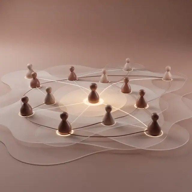 Holzspielsteine sind durch leuchtende Linien miteinander verbunden und bilden so ein Netzwerk auf einer glatten, beigen Oberfläche. Der zentrale Spielstein ist hervorgehoben und symbolisiert Kommunikation, Teamarbeit oder Netzwerkverbindungen in einem minimalistischen Stil – ein Bild, das an die Prinzipien der Zusammenarbeit erinnert, wie sie im Blanchard-Führungskräftetraining vermittelt werden.
