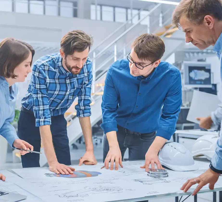 In einem modernen Büro stehen vier Personen um einen Tisch herum und studieren Baupläne und Diagramme. Auf dem Tisch liegen zwei weiße Schutzhelme und einige Unterlagen. Die Gruppe scheint gemeinsam an einem Projekt zu arbeiten, bei dem sie nach Wegen sucht, die Teamarbeit in agilen Strukturen zu verbessern.